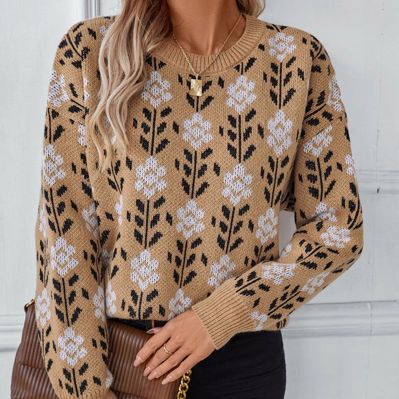 Fleur Jacquard Crew Neck Pullover en tricot Pull