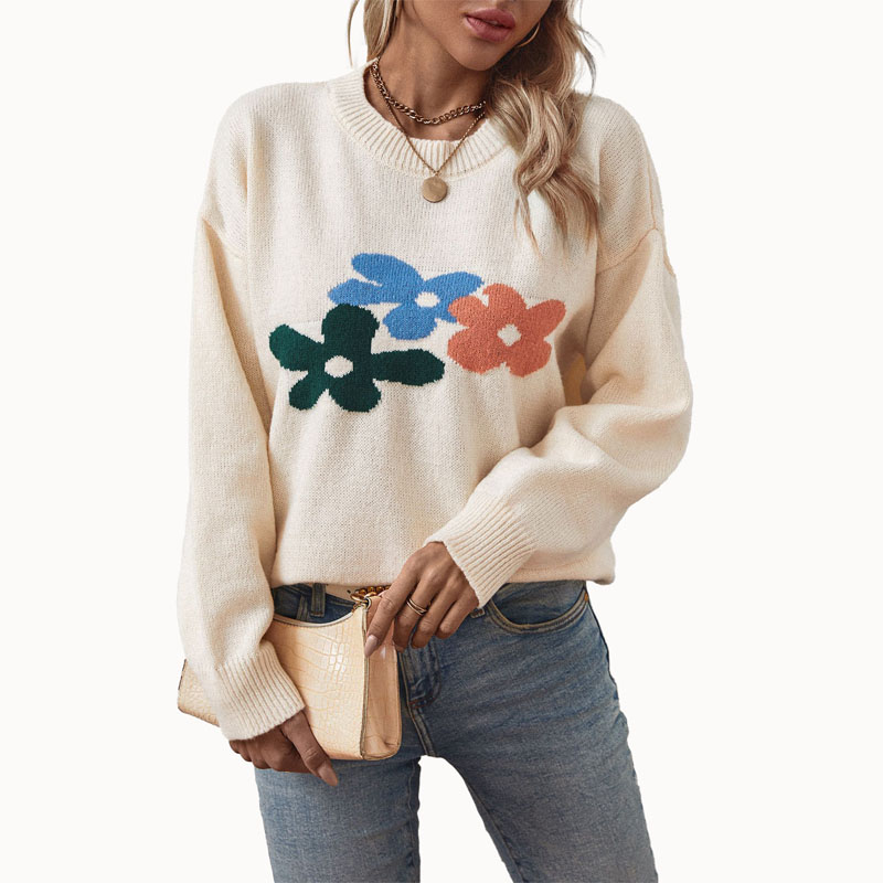 Flower Jacquard Pullover Pull Sweater