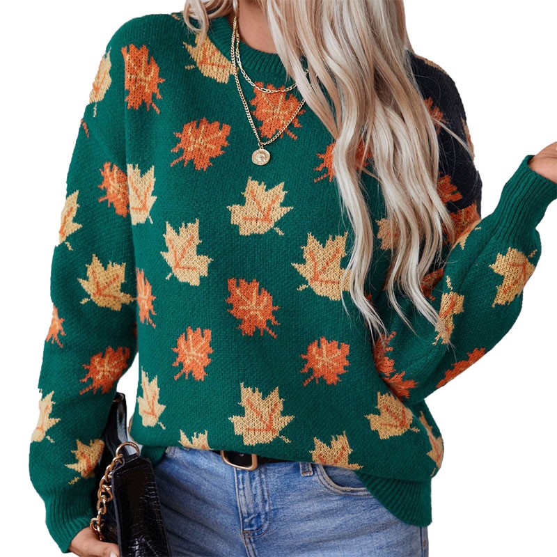 Femmes d'érable feuilles de cou rond Pull